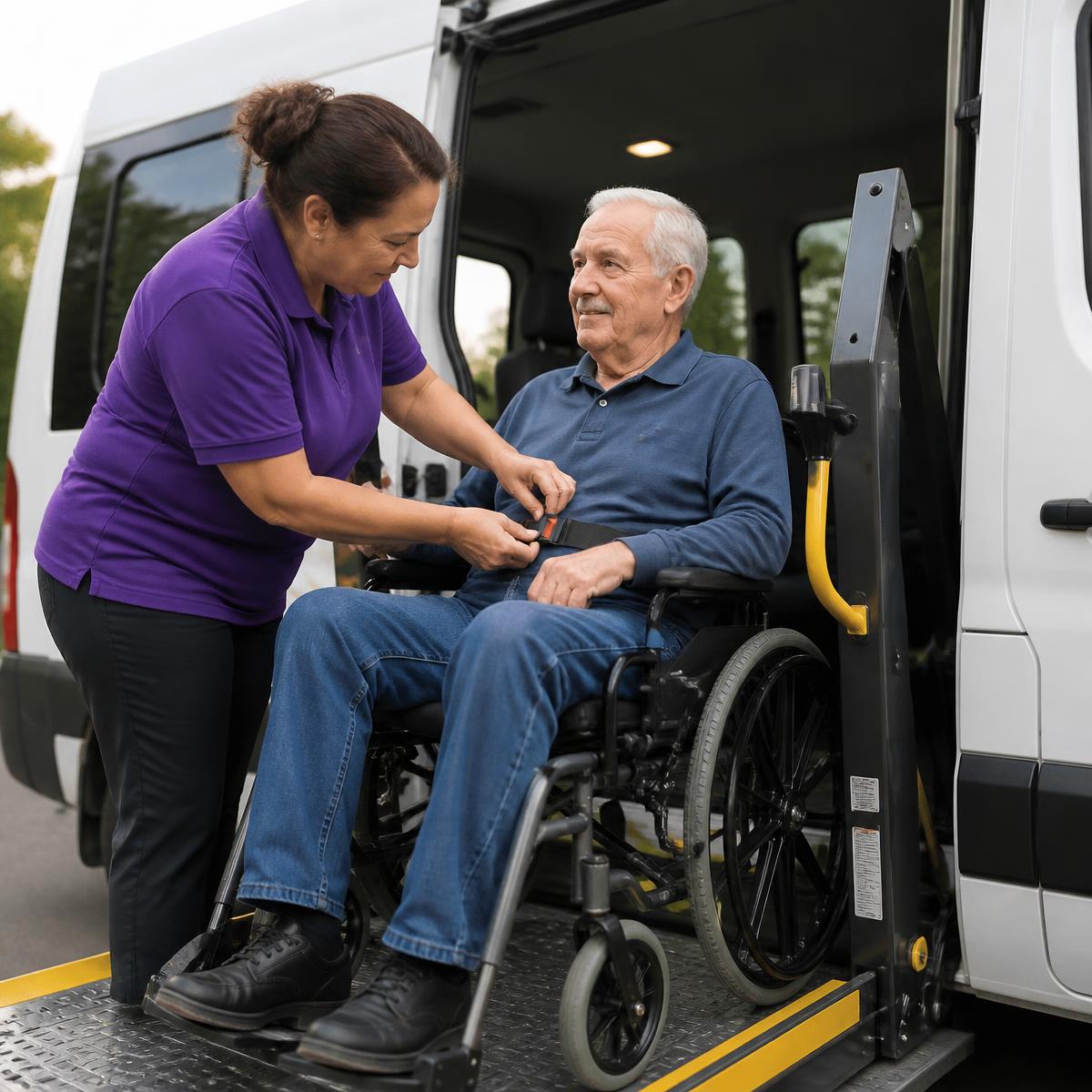 Driver securing a passenger in a wheelchair on a van lift